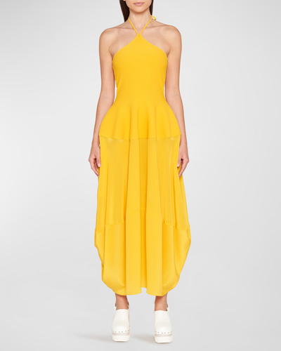 Shop Stella Mccartney Mixed-media Fit-&-flare Halter Midi Dress In 7102 Marigold