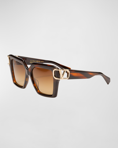Shop Valentino Uno Square Acetate & Titanium Sunglasses In Translucent Brown