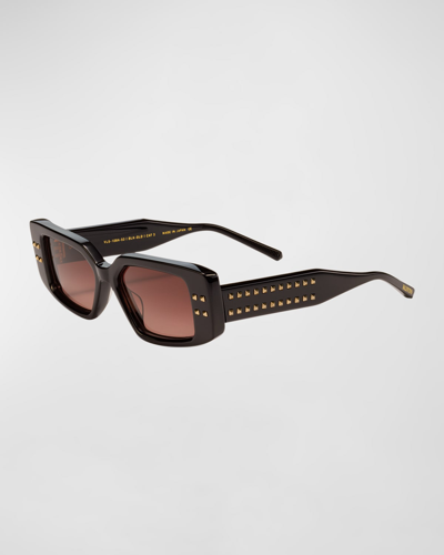 Shop Valentino Cinque Rectangle Acetate & Titanium Sunglasses In Black Light Gold