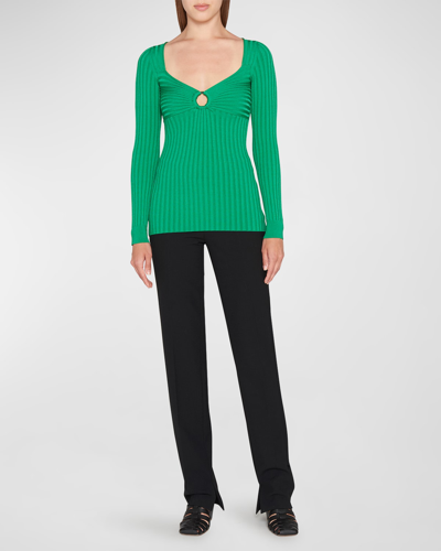 Shop Stella Mccartney Gathered Ring Technical Knit Sweater In 3016 Bright Green