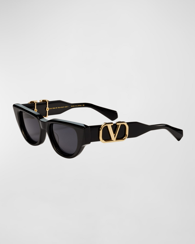 Shop Valentino Due Acetate & Titanium Cat-eye Sunglasses In Black Rose Gold