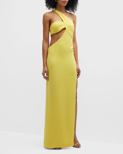 Shop Monot Cutout One-shoulder Thigh-slit Column Gown In Yellow