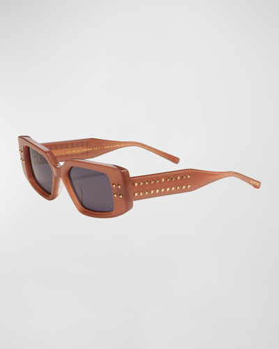 Valentino Cinque Rectangle Acetate & Titanium Sunglasses In Powder Pink