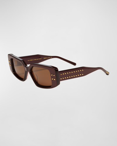 Shop Valentino Cinque Studded Rectangle Acetate & Titanium Sunglasses In Bordeaux Yellow G