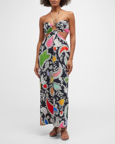 Shop Mara Hoffman Laila Cutout Halter Maxi Dress In Blk Multi