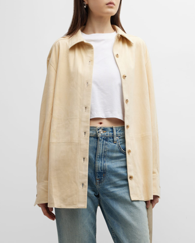 Shop Loulou Studio Suede Leather Collared Shirt In Cream