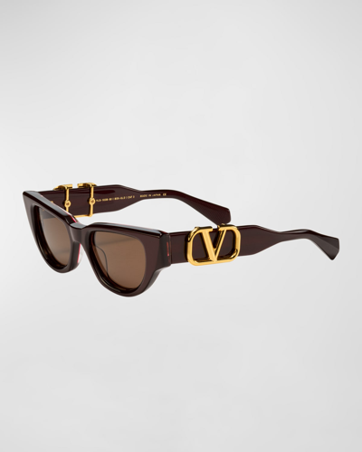 Shop Valentino Due Acetate & Titanium Cat-eye Sunglasses In Bordeaux Dark Bro