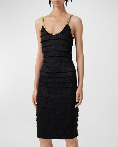 Shop Burberry Melina Fringe Midi Dress W/ Chain Detail In Black