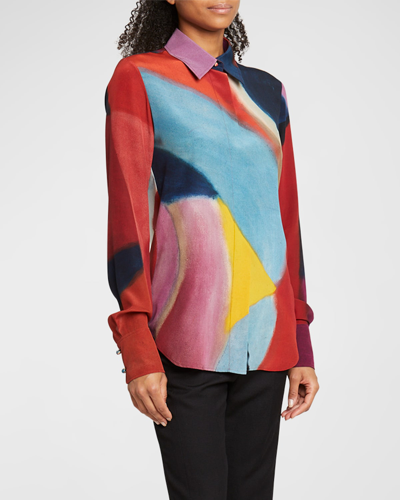 Shop Chloé Abstract-print Silk Collared Blouse In Multicolor 1
