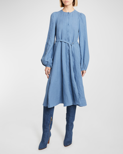 Shop Chloé Belted Chambray Linen Midi Dress In Pure Blue