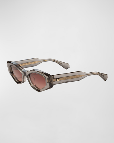 Shop Valentino Tre Geometric Acetate & Titanium Oval Sunglasses In Translucent Grey