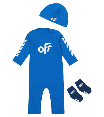 Shop Off-white Baby Cotton Romper, Hat And Socks Set In Blue Off White