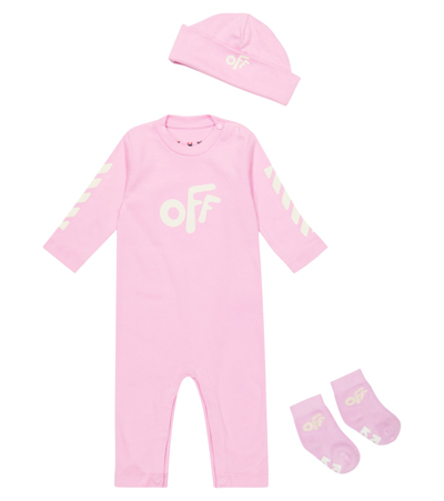 Shop Off-white Baby Cotton Romper, Hat And Socks Set In Pink Off White