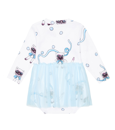 Shop Mini Rodini Baby Cotton And Tulle Cat Print Dress In Light Blue
