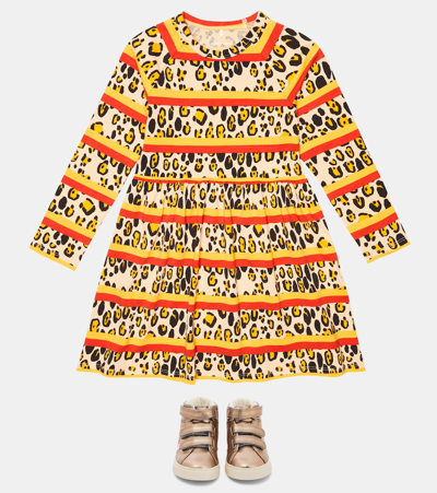 Shop Mini Rodini Leopard-print Striped Jersey Dress In Multi