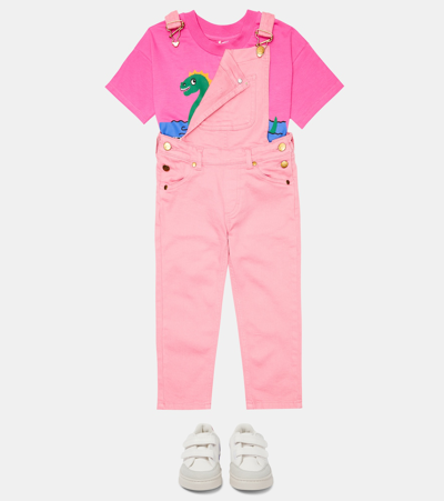 Mini Rodini Logo-embroidered Denim Dungarees In Pink