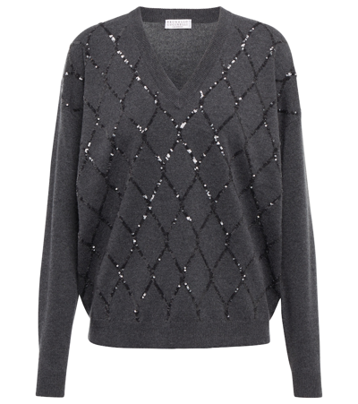 Shop Brunello Cucinelli Dazzling Argyle Wool-blend Sweater In Black Stone