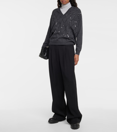 Shop Brunello Cucinelli Dazzling Argyle Wool-blend Sweater In Black Stone