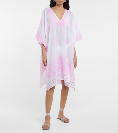 Juliet Dunn Printed Cotton Kaftan In White/ Neon Pink