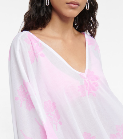 Juliet Dunn Printed Cotton Kaftan In White/ Neon Pink