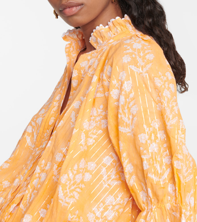 Shop Juliet Dunn Floral Cotton-blend Shirt Dress In Apricot/ Silver