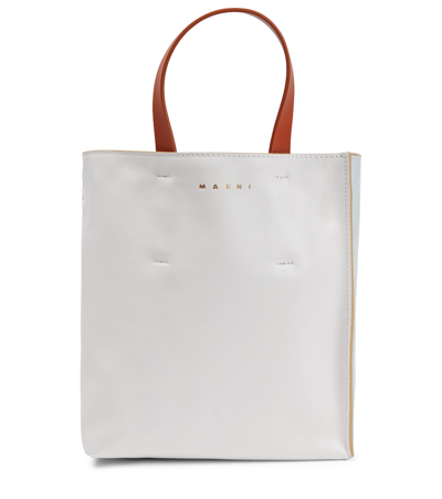 Shop Marni Museo Mini Leather Tote Bag In Lily White/cloud/dust Apricot
