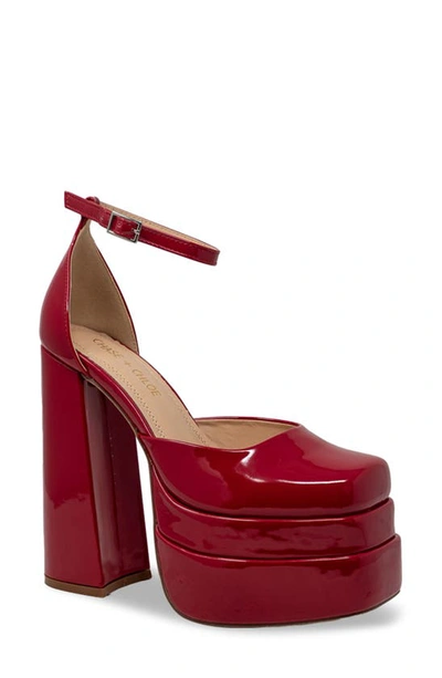 Chase & Chloe Platform Block Heel Pump In Red Patent
