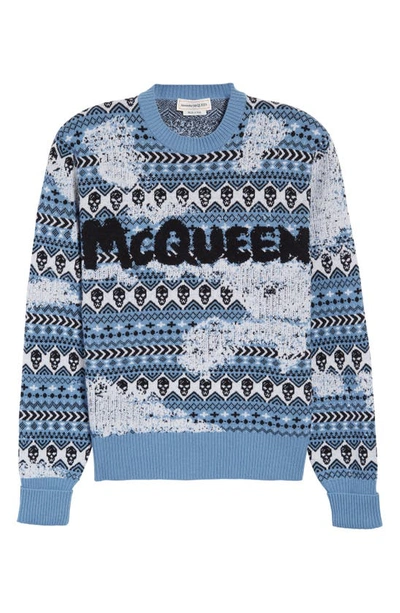 Shop Alexander Mcqueen Fair Isle Graffiti Logo Wool Sweater In Egg Shell Blue/ Black