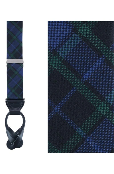 Shop Trafalgar Ives Plaid Silk Suspenders In Green And Navy Plaid