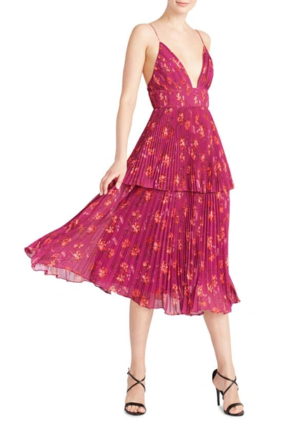 Shop Amur Catarina Floral Plunge Neck Tiered Pleated Dress In Bougainvillea Mono Floral