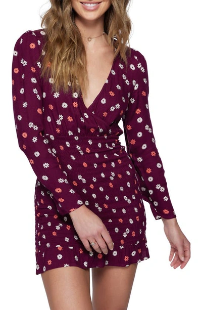 Shop O'neill Jules Floral Long Sleeve Smocked Minidress In Plum