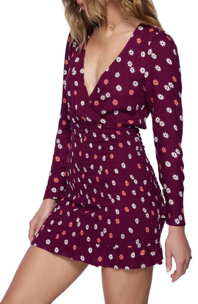 Shop O'neill Jules Floral Long Sleeve Smocked Minidress In Plum