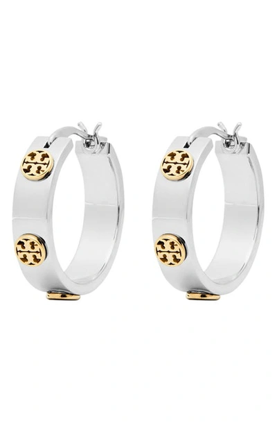 Shop Tory Burch Miller Huggie Hoop Earrings In Tory Silver / Tory Gold