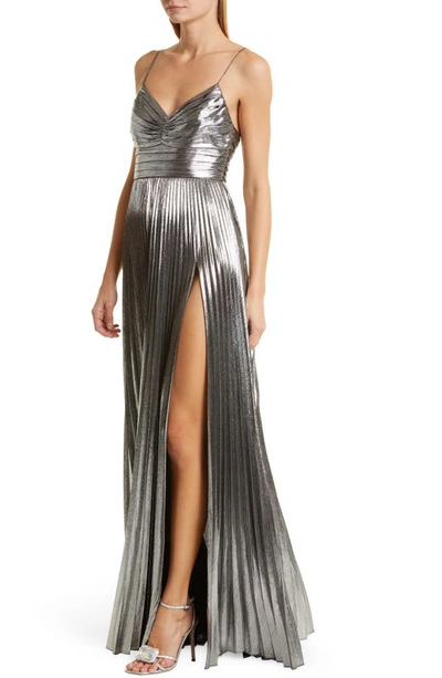 Shop Retroféte Cherith Pleated Side Slit Gown In Gunmetal