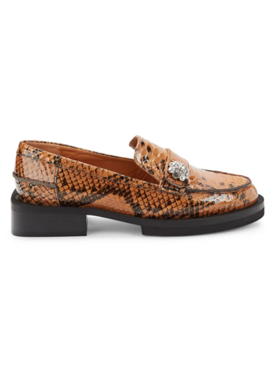 Shop Ganni Women's Snakeskin Print Patent Leather Jewel Loafers In Tan Multicolor