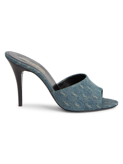 Shop Saint Laurent Women's La Denim Jacquard Stiletto Sandals In Blue