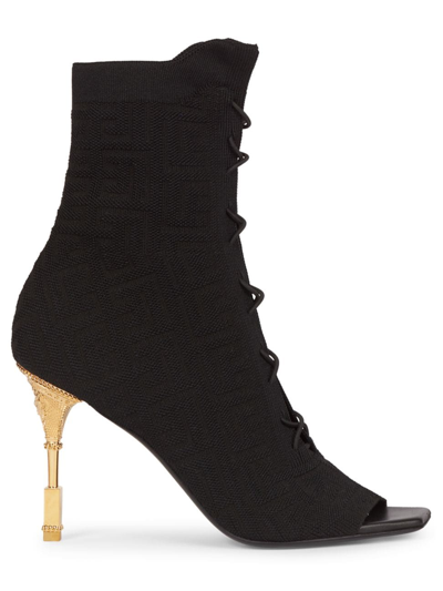 Shop Balmain Women's Moneta Monogram Knit Ankle Boots In Noir