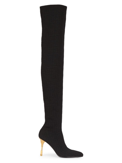 Shop Balmain Women's Moneta Monogram Knit Over-the-knee Boots In Noir