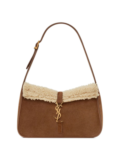 Shop Saint Laurent Women's Le 5 A 7 Hobo Bag In Suede And Shearling In Dk Sigaro Nat Beige