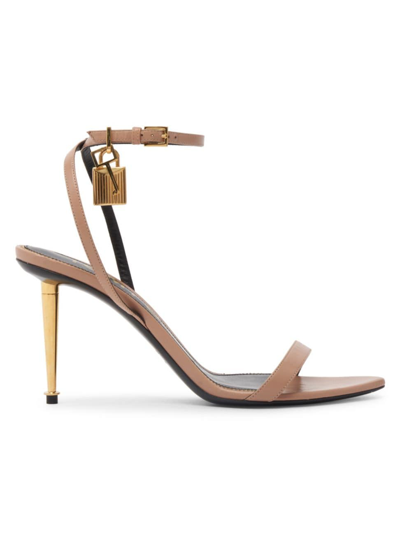 Shop Tom Ford Women's Padlock 85 Leather Point-toe Ankle-strap Sandals In Tan