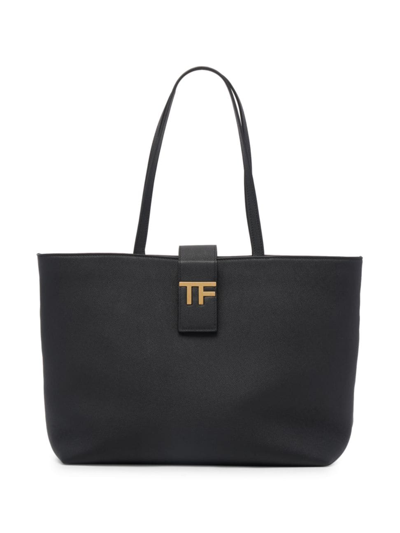 Shop Tom Ford Women's Small Tf Logo E/w Leather Tote In Black