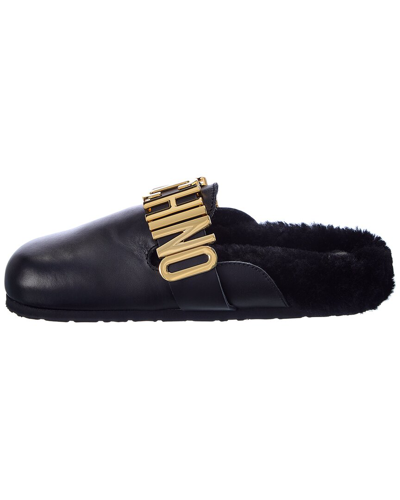 Shop Moschino Logo Plaque Leather Mule In Black