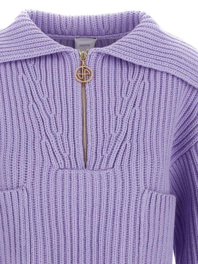 Shop Patou Zip-up Collar Rib Knit Jumper In Merino Wool In L Lavander