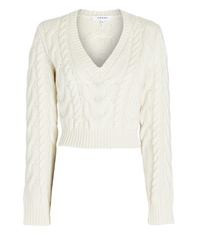 Shop Frame Cable-knit Merino Wool Cropped Sweater In White