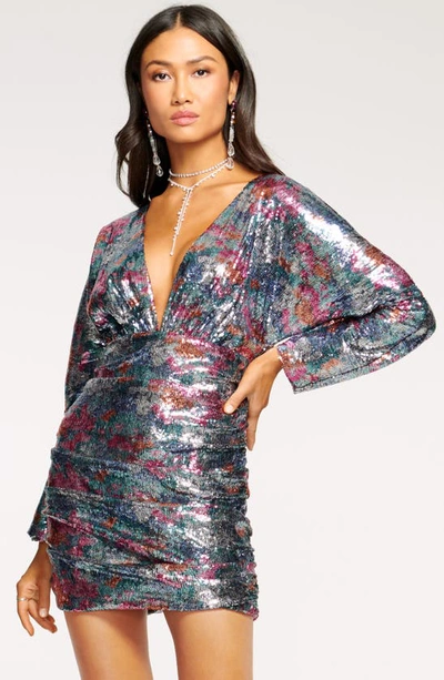Shop Ramy Brook Auerbach Ruched Plunge Neck Long Sleeve Dress In Multi