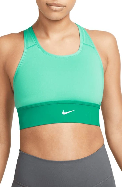 Shop Nike Dri-fit Swoosh Padded Longline Sports Bra In Light Menta/ Green/ White