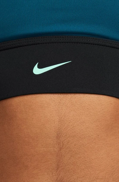 Shop Nike Dri-fit Swoosh Padded Longline Sports Bra In Valerian Blue/ Black/ Green