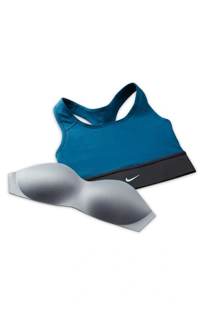 Shop Nike Dri-fit Swoosh Padded Longline Sports Bra In Valerian Blue/ Black/ Green