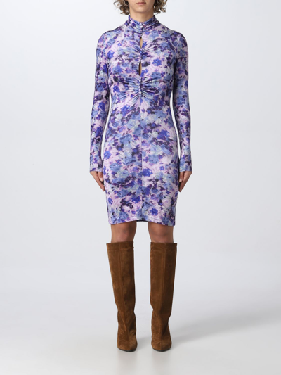 Isabel Marant Cutout Ruched Floral Print Stretch-velvet Mini Dress In Violet