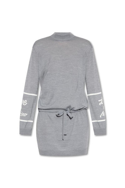 Shop Love Moschino Drawstring Waist Knitted Jumper Dress In Grey